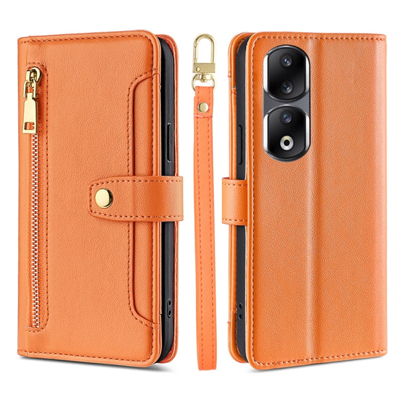 For Honor 90 Pro 5G Sheep Texture Cross-body Zipper Wallet Leather Phone Case(Orange)