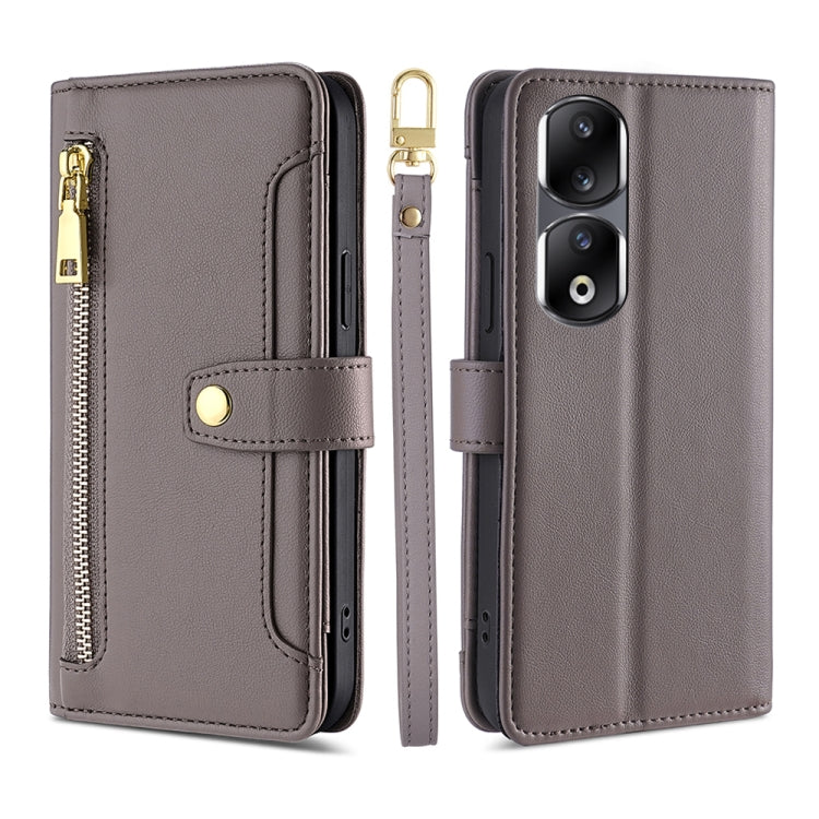 For Honor 90 Pro 5G Sheep Texture Cross-body Zipper Wallet Leather Phone Case(Grey)