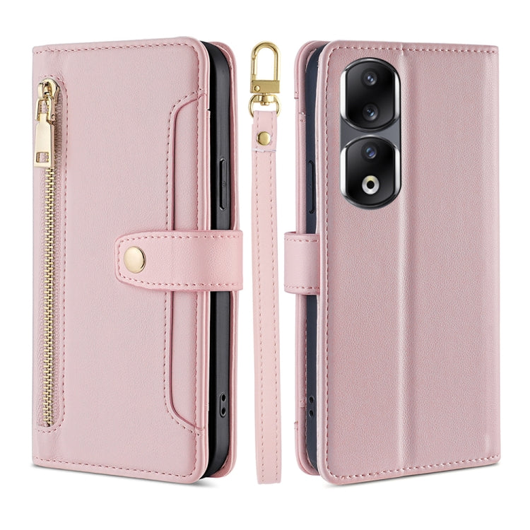 For Honor 90 Pro 5G Sheep Texture Cross-body Zipper Wallet Leather Phone Case(Pink)