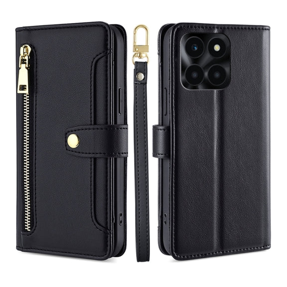 For Honor X6a 4G Sheep Texture Cross-body Zipper Wallet Leather Phone Case(Black)
