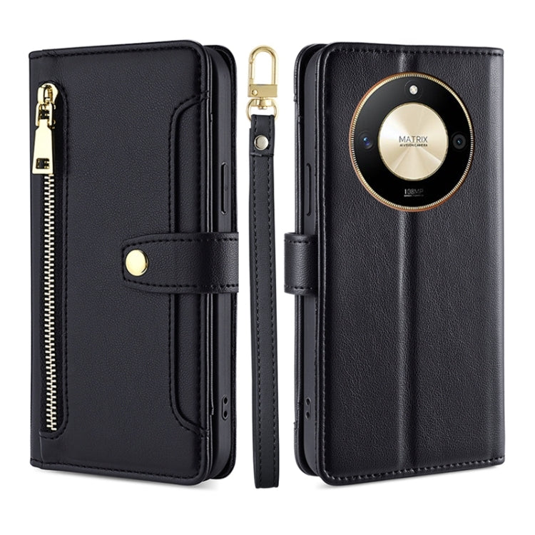 For Honor X50 5G Sheep Texture Cross-body Zipper Wallet Leather Phone Case(Black)