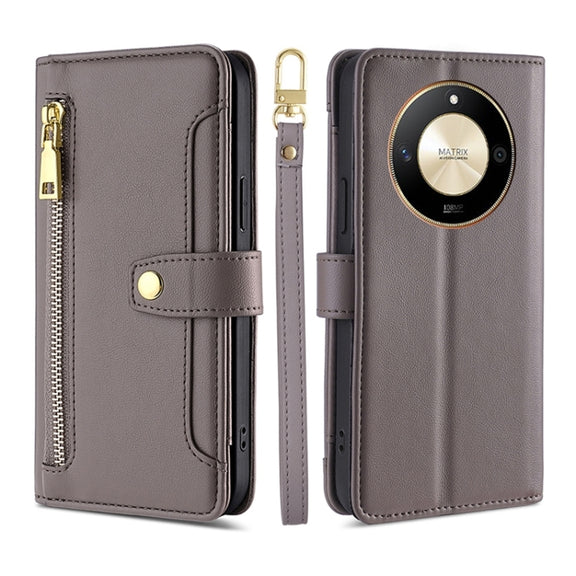 For Honor X50 5G Sheep Texture Cross-body Zipper Wallet Leather Phone Case(Grey)