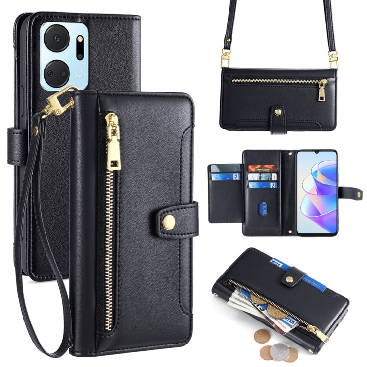 For Honor X7a Sheep Texture Cross-body Zipper Wallet Leather Phone Case(Black)