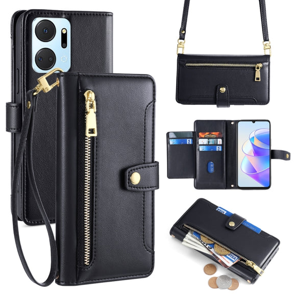 For Honor X7a Sheep Texture Cross-body Zipper Wallet Leather Phone Case(Black)