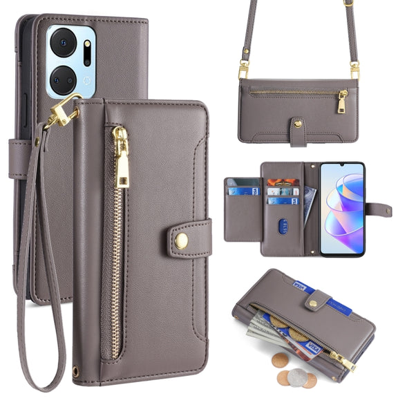 For Honor X7a Sheep Texture Cross-body Zipper Wallet Leather Phone Case(Grey)