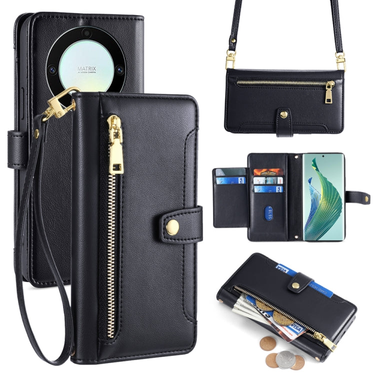 For Honor X9a Sheep Texture Cross-body Zipper Wallet Leather Phone Case(Black)