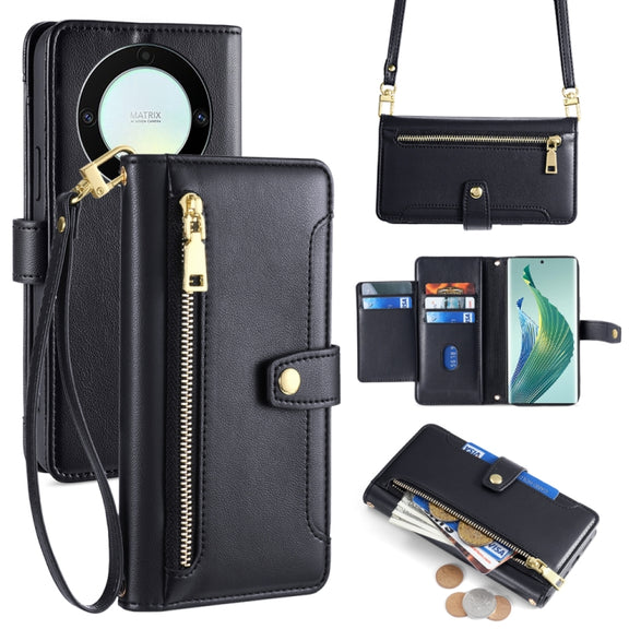 For Honor X9a Sheep Texture Cross-body Zipper Wallet Leather Phone Case(Black)