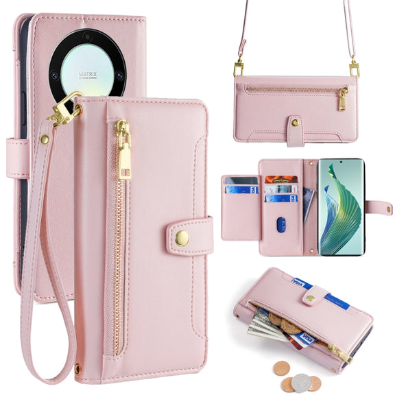 For Honor X9a Sheep Texture Cross-body Zipper Wallet Leather Phone Case(Pink)