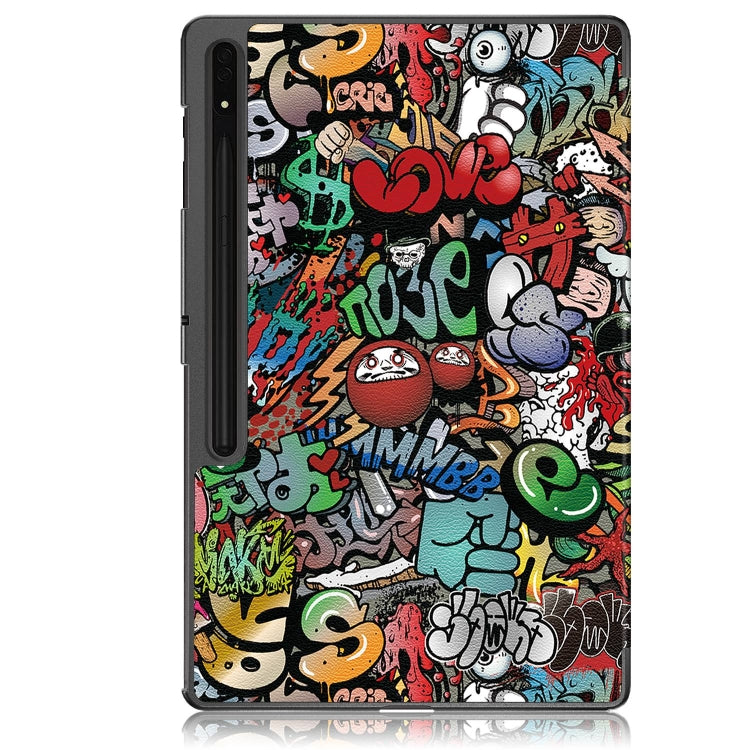 For Samsung Galaxy Tab S9 Ultra Custer Painted 3-Fold Holder Smart Leather Tablet Case(Graffiti)