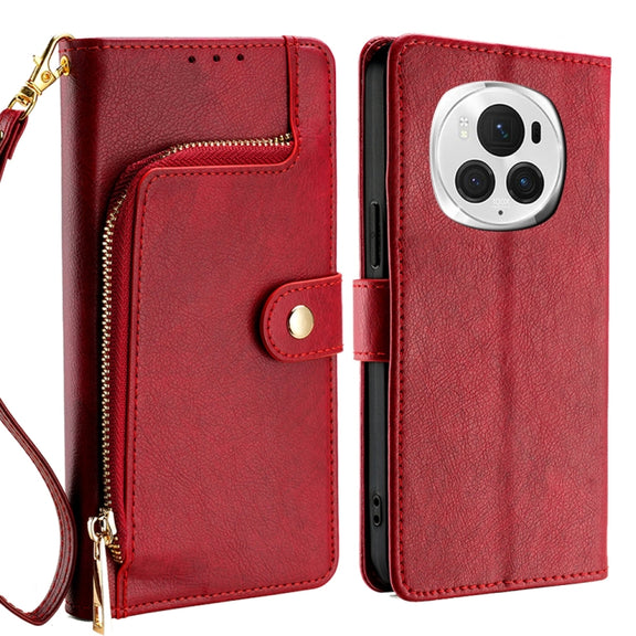 For Honor Magic6 Pro Zipper Bag Leather Phone Case(Red)