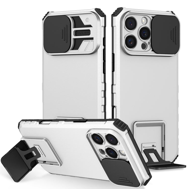 For iPhone 16 Pro Max Stereoscopic Holder Sliding Camshield Phone Case(White)