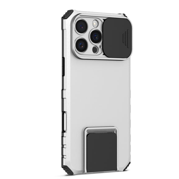 For iPhone 16 Pro Max Stereoscopic Holder Sliding Camshield Phone Case(White)