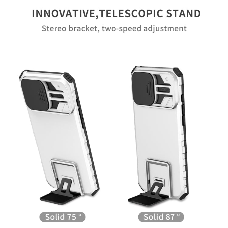 For iPhone 16 Pro Max Stereoscopic Holder Sliding Camshield Phone Case(White)