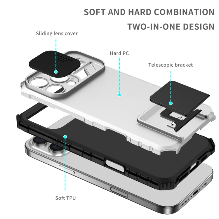 For iPhone 16 Pro Max Stereoscopic Holder Sliding Camshield Phone Case(White)
