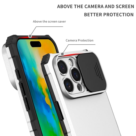 For iPhone 16 Pro Max Stereoscopic Holder Sliding Camshield Phone Case(White)