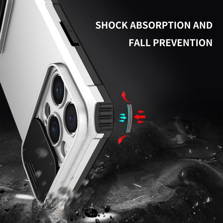 For iPhone 16 Pro Max Stereoscopic Holder Sliding Camshield Phone Case(White)