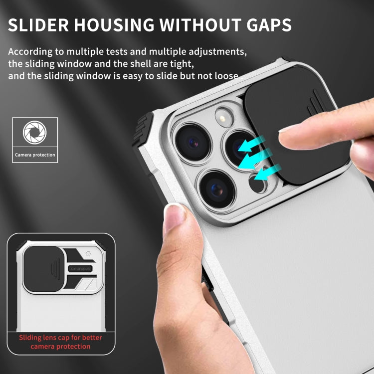 For iPhone 16 Pro Max Stereoscopic Holder Sliding Camshield Phone Case(White)