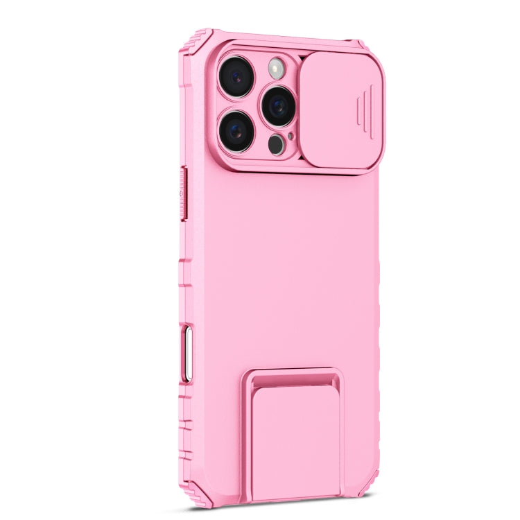For iPhone 16 Pro Stereoscopic Holder Sliding Camshield Phone Case(Pink)