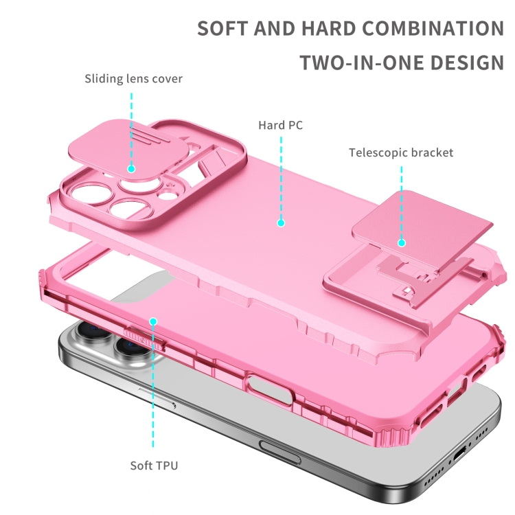For iPhone 16 Pro Stereoscopic Holder Sliding Camshield Phone Case(Pink)