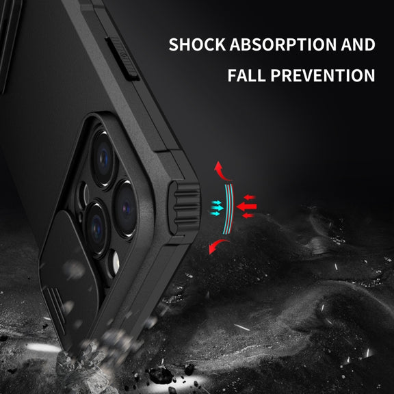 For iPhone 16 Pro Stereoscopic Holder Sliding Camshield Phone Case(Black)