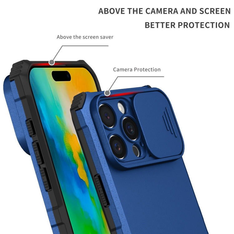 For iPhone 16 Pro Stereoscopic Holder Sliding Camshield Phone Case(Blue)
