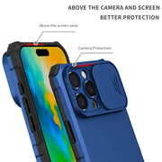 For iPhone 16 Pro Stereoscopic Holder Sliding Camshield Phone Case(Blue)