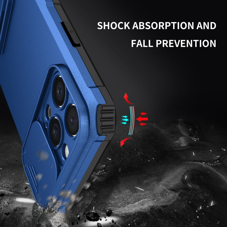 For iPhone 16 Pro Stereoscopic Holder Sliding Camshield Phone Case(Blue)