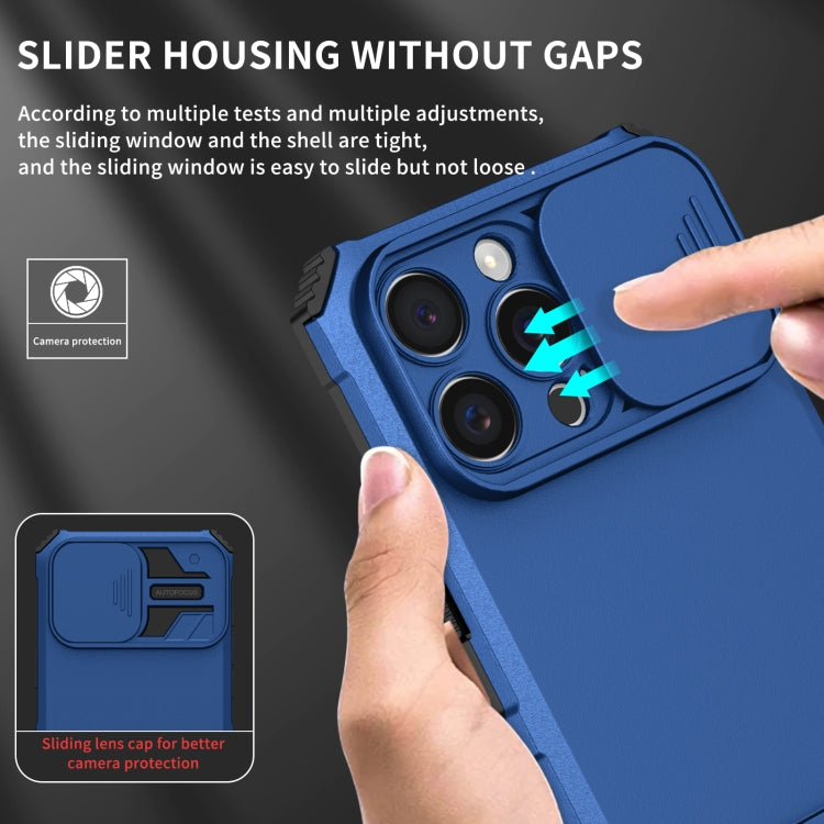 For iPhone 16 Pro Stereoscopic Holder Sliding Camshield Phone Case(Blue)