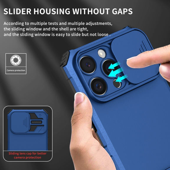 For iPhone 16 Pro Stereoscopic Holder Sliding Camshield Phone Case(Blue)