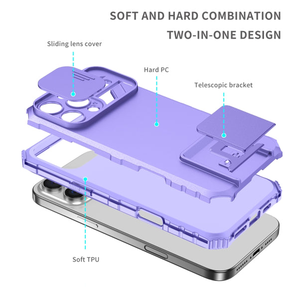 For iPhone 16 Pro Stereoscopic Holder Sliding Camshield Phone Case(Purple)