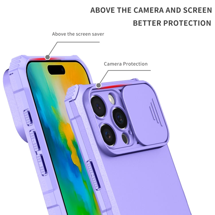 For iPhone 16 Pro Stereoscopic Holder Sliding Camshield Phone Case(Purple)