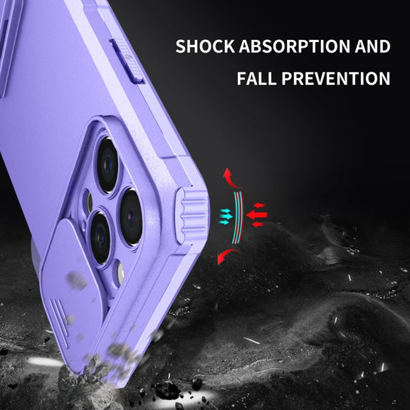 For iPhone 16 Pro Stereoscopic Holder Sliding Camshield Phone Case(Purple)