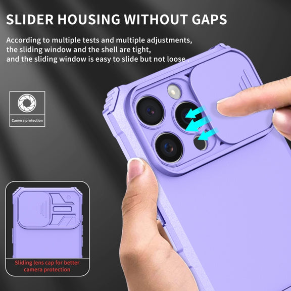 For iPhone 16 Pro Stereoscopic Holder Sliding Camshield Phone Case(Purple)
