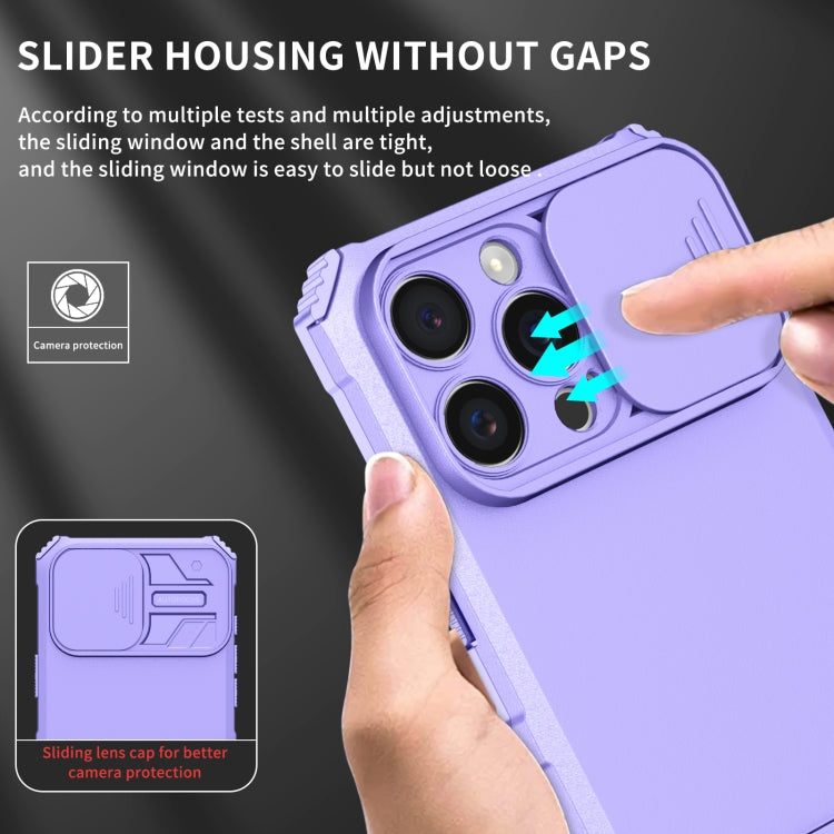 For iPhone 16 Pro Stereoscopic Holder Sliding Camshield Phone Case(Purple)