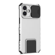 For iPhone 16 Plus Stereoscopic Holder Sliding Camshield Phone Case(White)