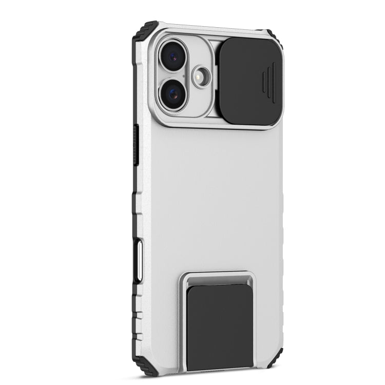 For iPhone 16 Plus Stereoscopic Holder Sliding Camshield Phone Case(White)