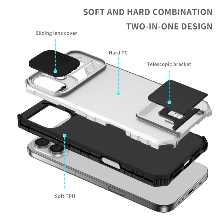 For iPhone 16 Plus Stereoscopic Holder Sliding Camshield Phone Case(White)