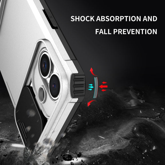 For iPhone 16 Plus Stereoscopic Holder Sliding Camshield Phone Case(White)
