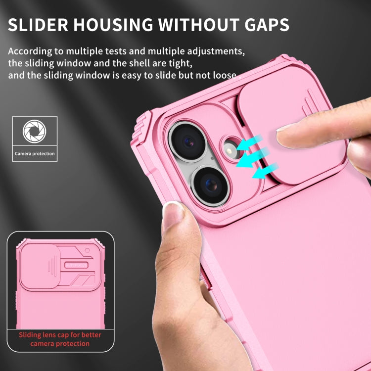For iPhone 16 Plus Stereoscopic Holder Sliding Camshield Phone Case(Pink)