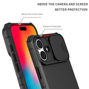 For iPhone 16 Plus Stereoscopic Holder Sliding Camshield Phone Case(Black)