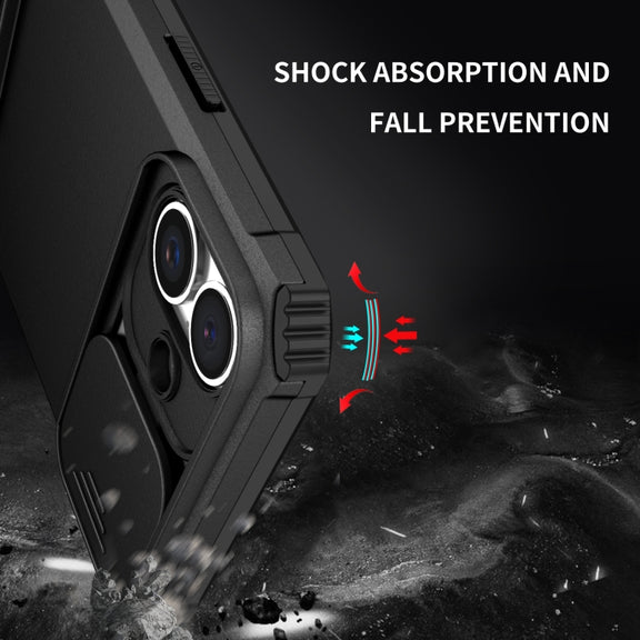 For iPhone 16 Plus Stereoscopic Holder Sliding Camshield Phone Case(Black)