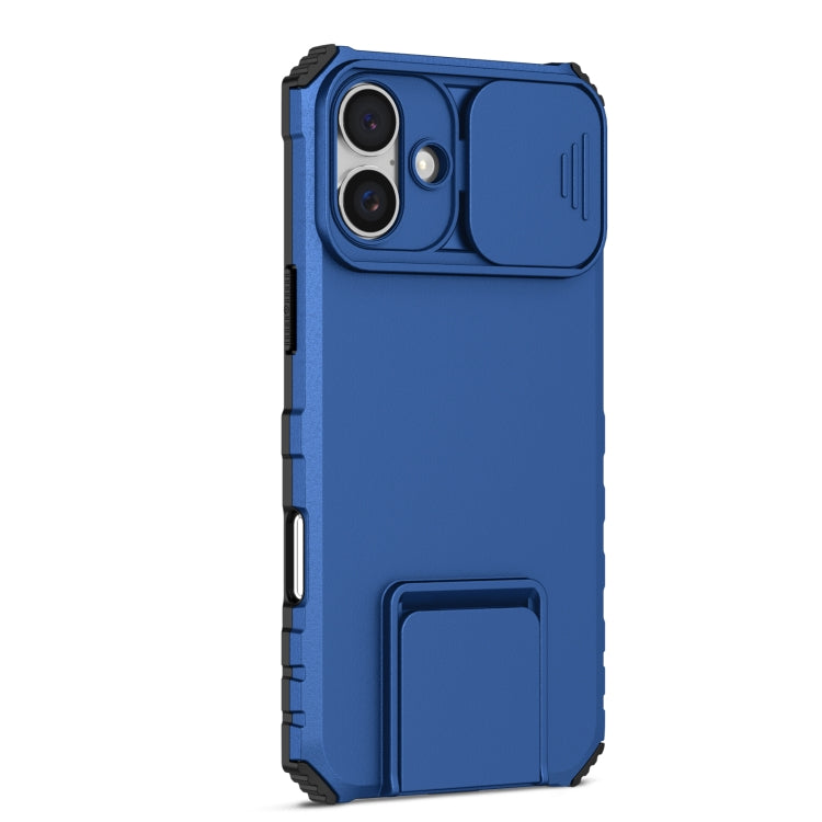 For iPhone 16 Plus Stereoscopic Holder Sliding Camshield Phone Case(Blue)