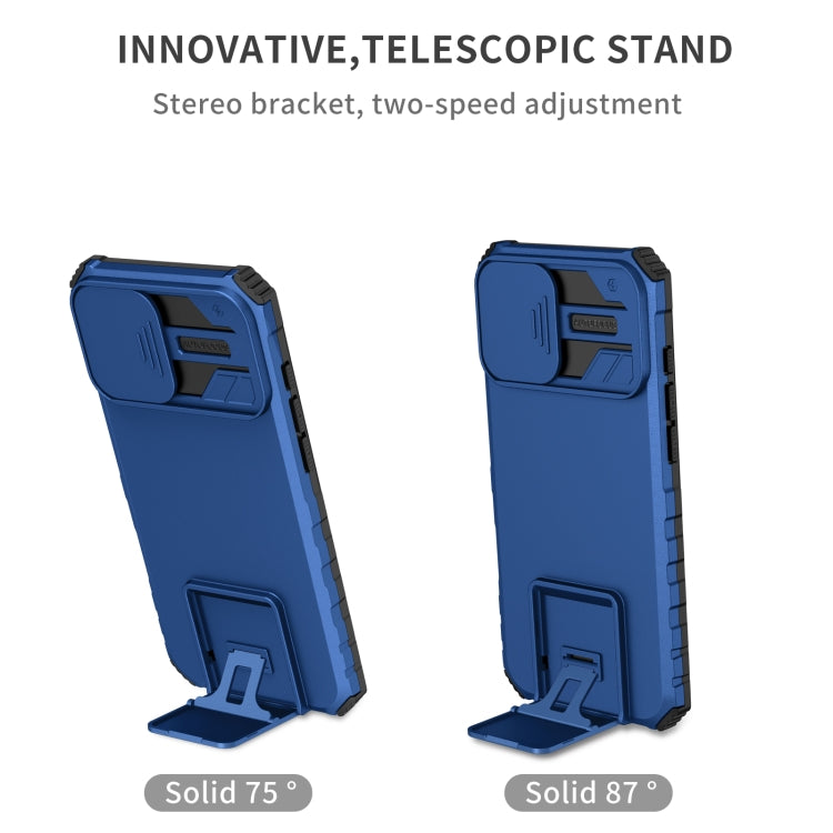 For iPhone 16 Plus Stereoscopic Holder Sliding Camshield Phone Case(Blue)