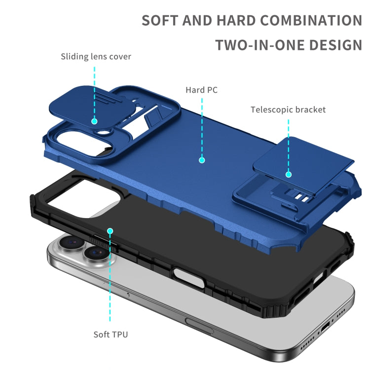 For iPhone 16 Plus Stereoscopic Holder Sliding Camshield Phone Case(Blue)