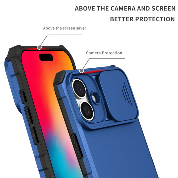For iPhone 16 Plus Stereoscopic Holder Sliding Camshield Phone Case(Blue)