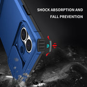 For iPhone 16 Plus Stereoscopic Holder Sliding Camshield Phone Case(Blue)