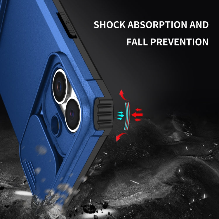 For iPhone 16 Plus Stereoscopic Holder Sliding Camshield Phone Case(Blue)
