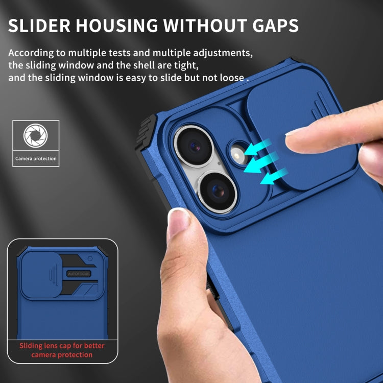 For iPhone 16 Plus Stereoscopic Holder Sliding Camshield Phone Case(Blue)