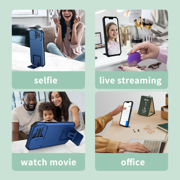 For iPhone 16 Plus Stereoscopic Holder Sliding Camshield Phone Case(Blue)
