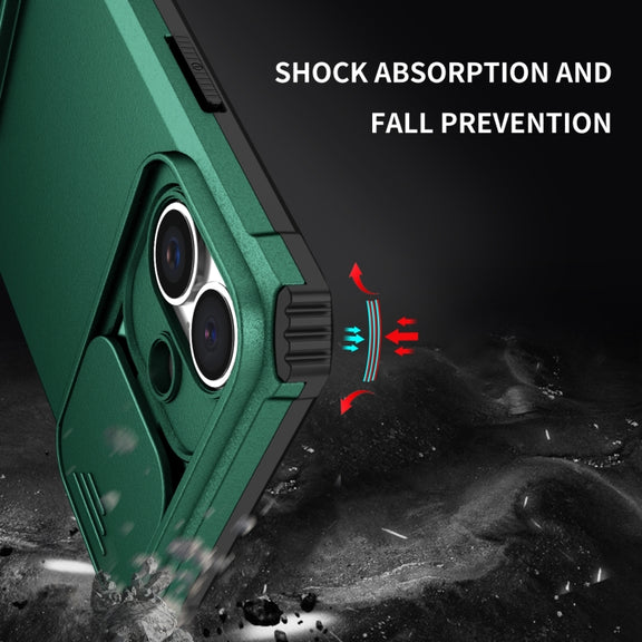 For iPhone 16 Plus Stereoscopic Holder Sliding Camshield Phone Case(Green)